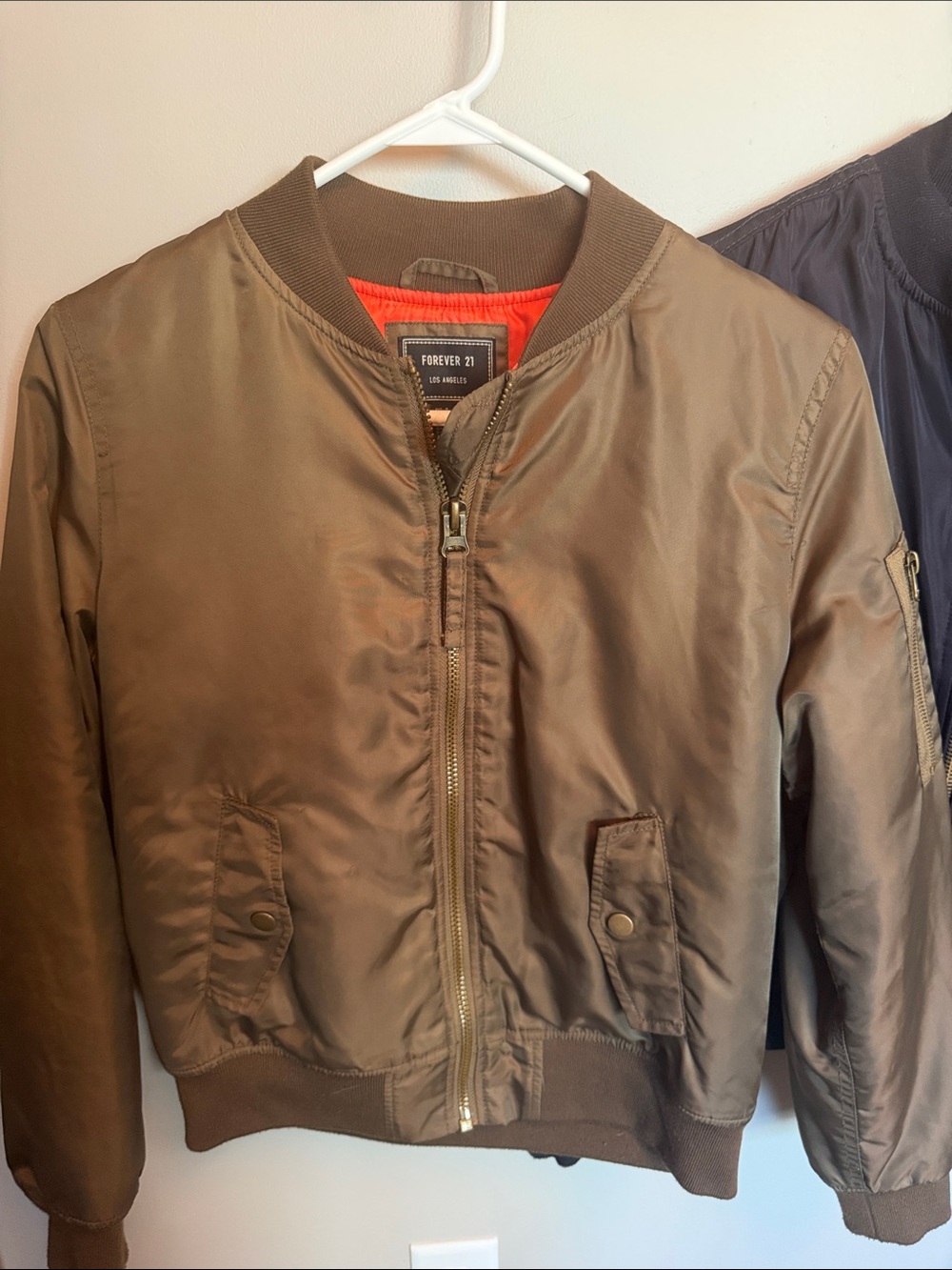 Forever 21 Olive Bomber Jacket with Orange Lining and Black Bomber Jacket